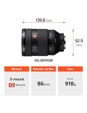 Lente zoom estándar Sony modelo sel2870gm 86 mm f / 2 para cámara sony