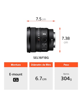 Lente gran angular Sony modelo sel16f18g 67 mm f / 1.8 para montura e