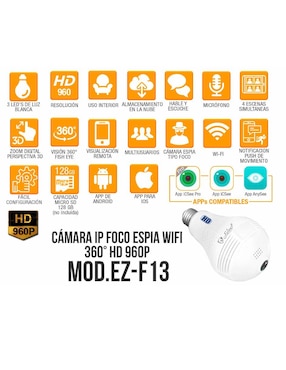 Cámara Foco WiFi Espía HD 960P IP Nube 360 Grados Video Seguridad Control Alarma