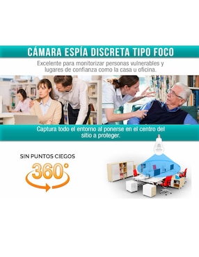 Cámara Foco WiFi Espía HD 960P IP Nube 360 Grados Video Seguridad Control Alarma