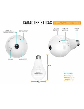 Cámara Foco WiFi Espía HD 960P IP Nube 360 Grados Video Seguridad Control Alarma