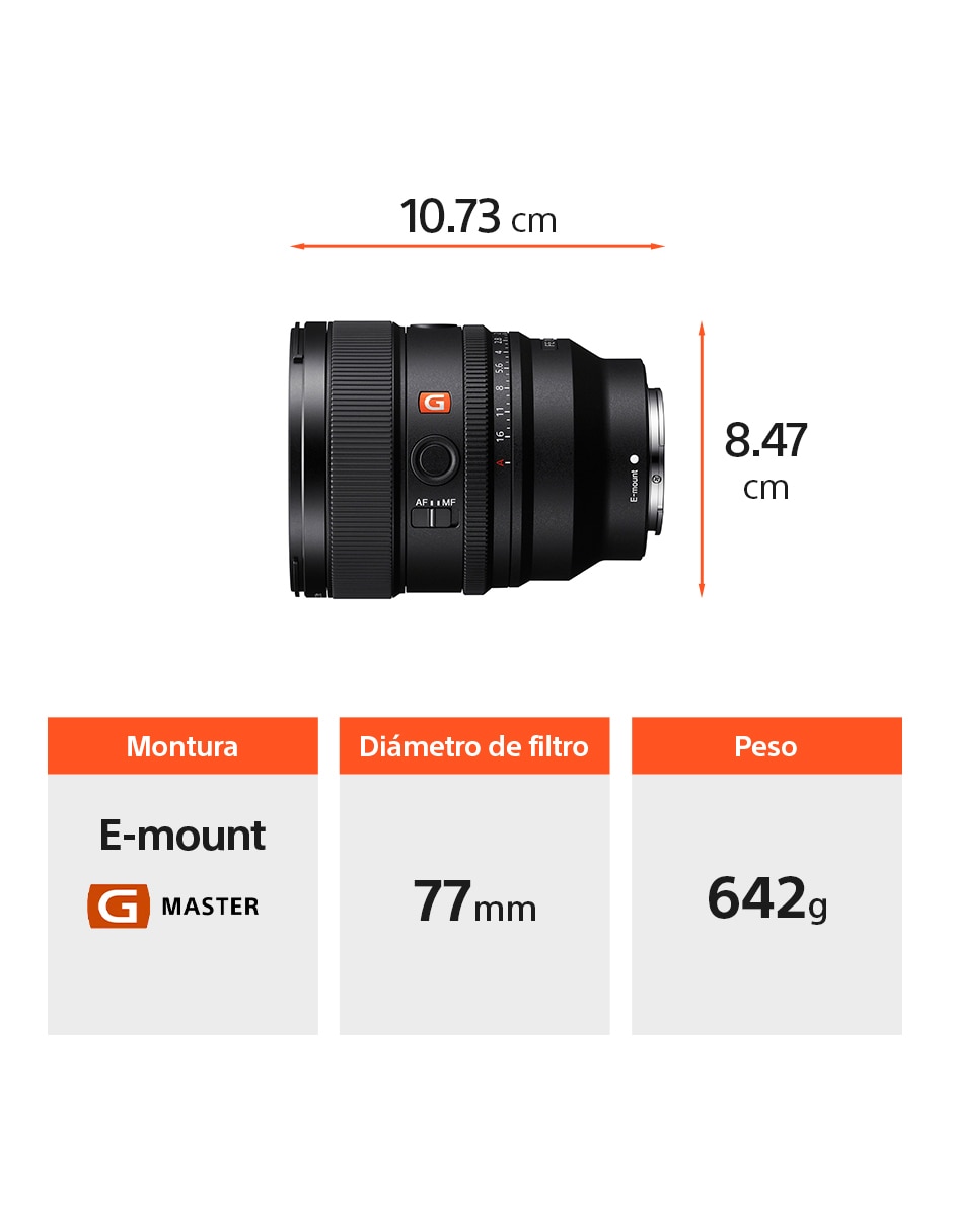 Lente telefoto modelo sel85f14gm2 77 mm f / 1.4 para montura e 8