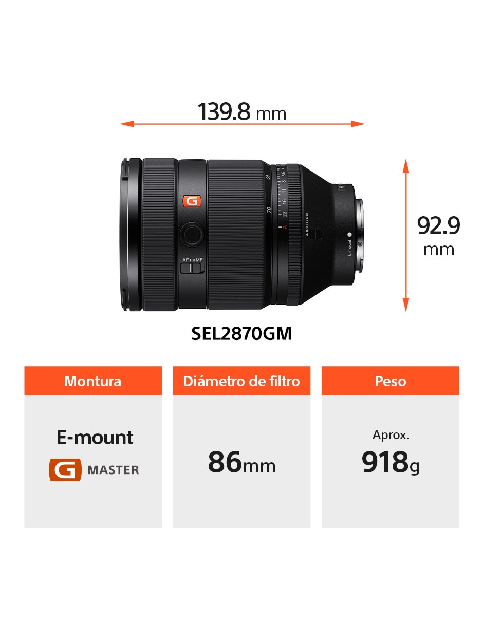 Lente zoom estándar modelo sel2870gm 86 mm f / 2 para cámara sony 6