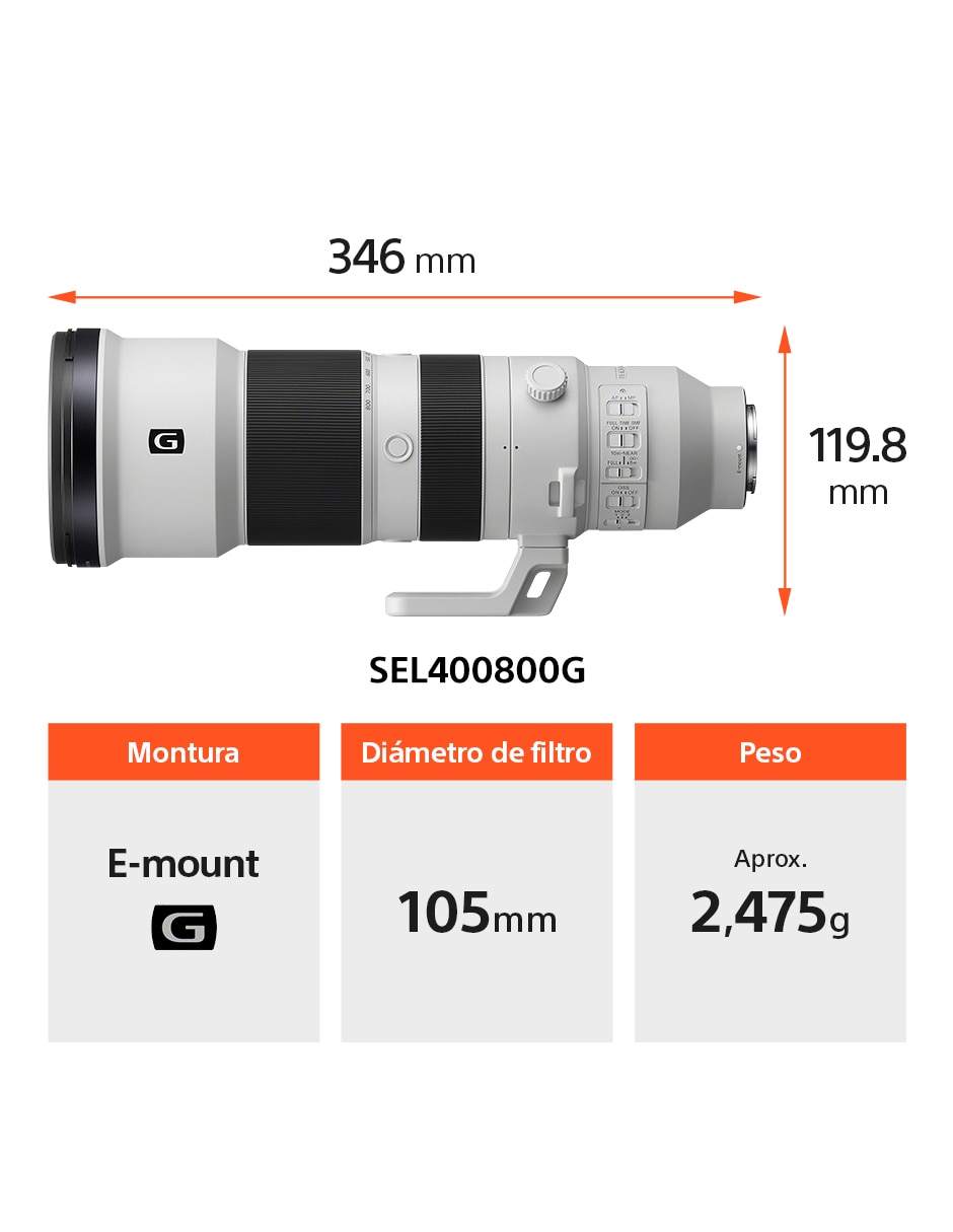 Lente zoom telefoto modelo sel400800g 105 mm f / 8 para cámara sony 2