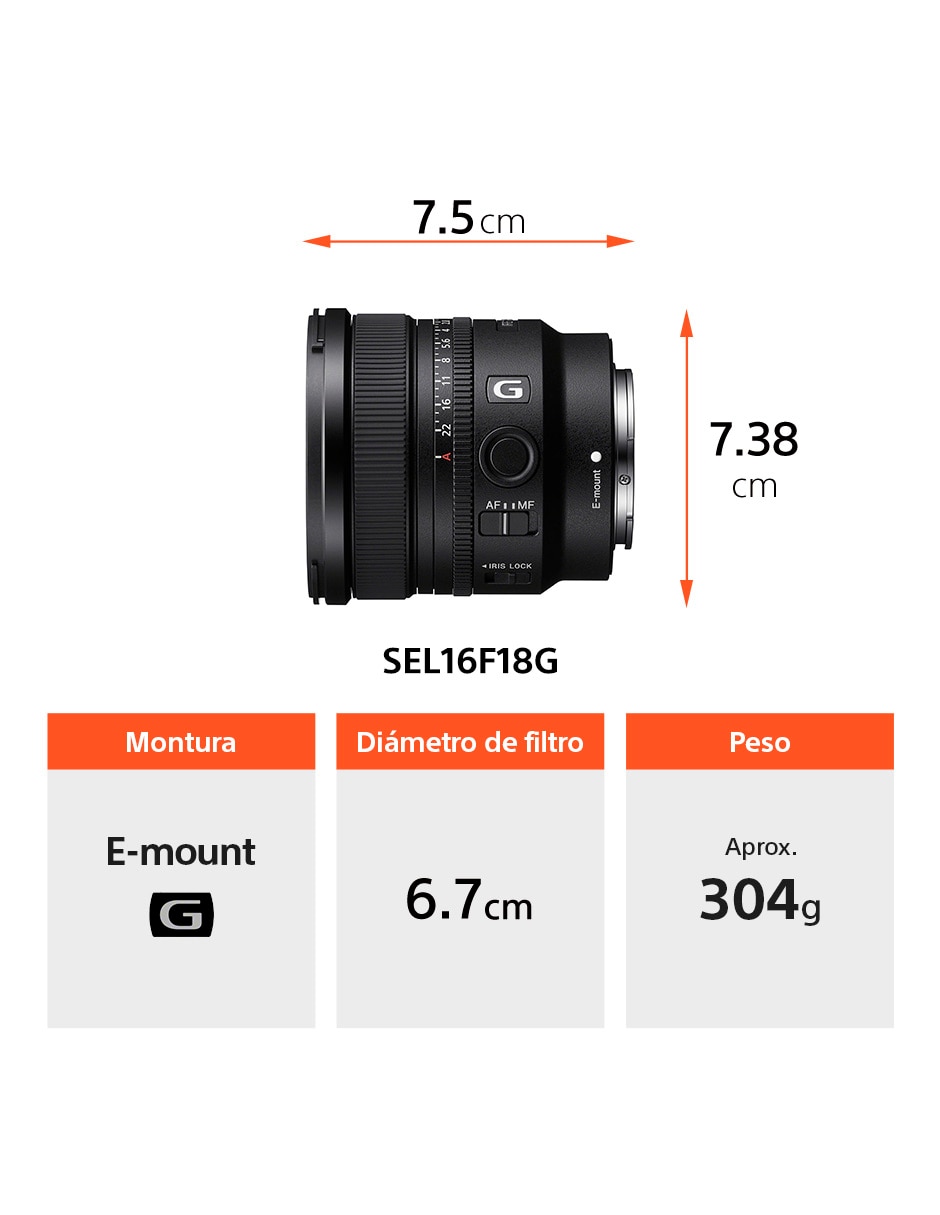 Lente gran angular modelo sel16f18g 67 mm f / 1.8 para montura e 7