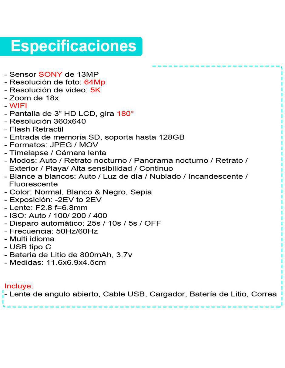 Cámara compacta básica modelo DR-3500 64 megapíxeles 7