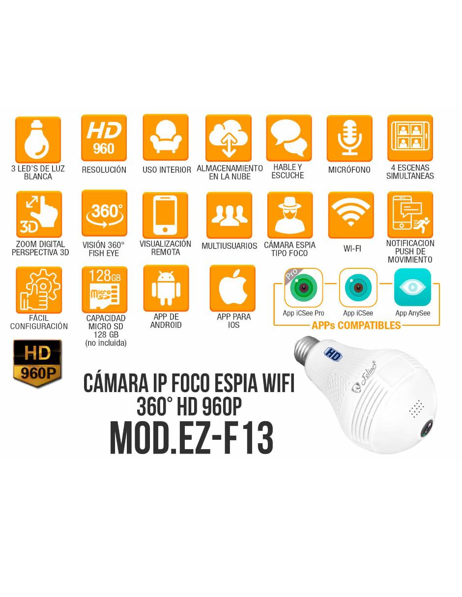 Cámara Foco WiFi Espía HD 960P IP Nube 360 Grados Video Seguridad 2