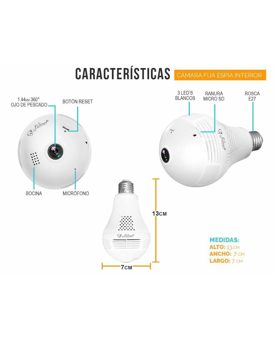 Cámara Foco WiFi Espía HD 960P IP Nube 360 Grados Video Seguridad 10